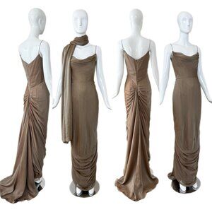 RICHARD TYLER COUTURE '00 Vintage Silk Boned Gown w. Bustle & Shawl